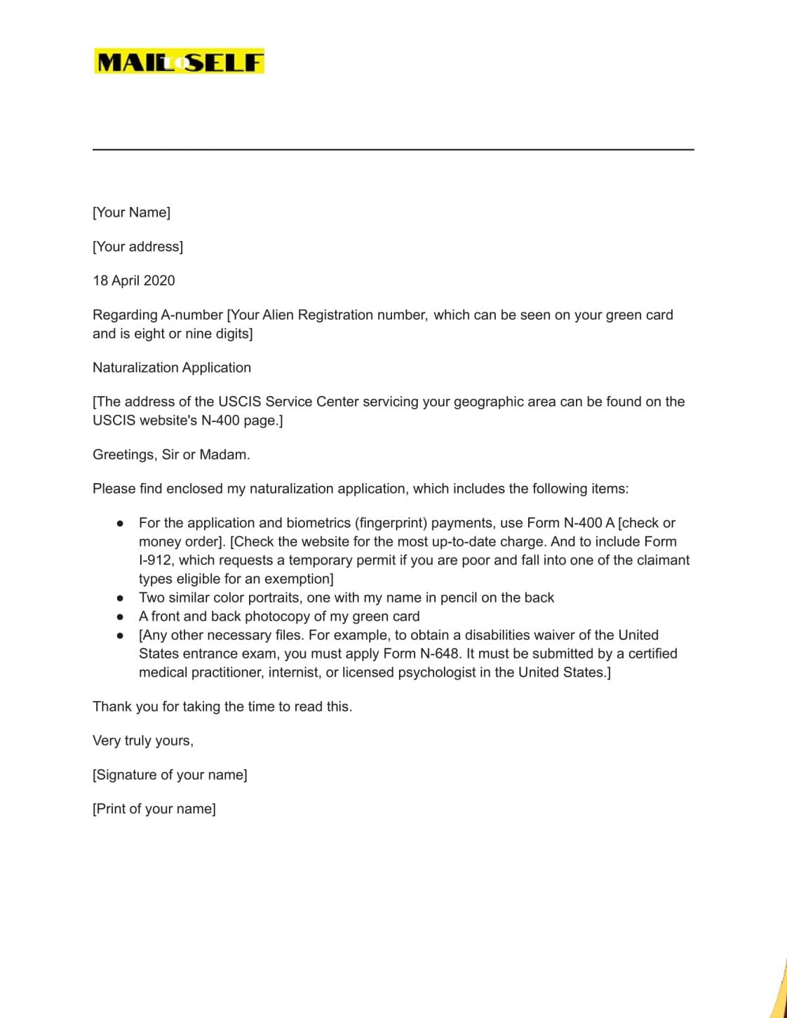 sample cover letter for naturalization application