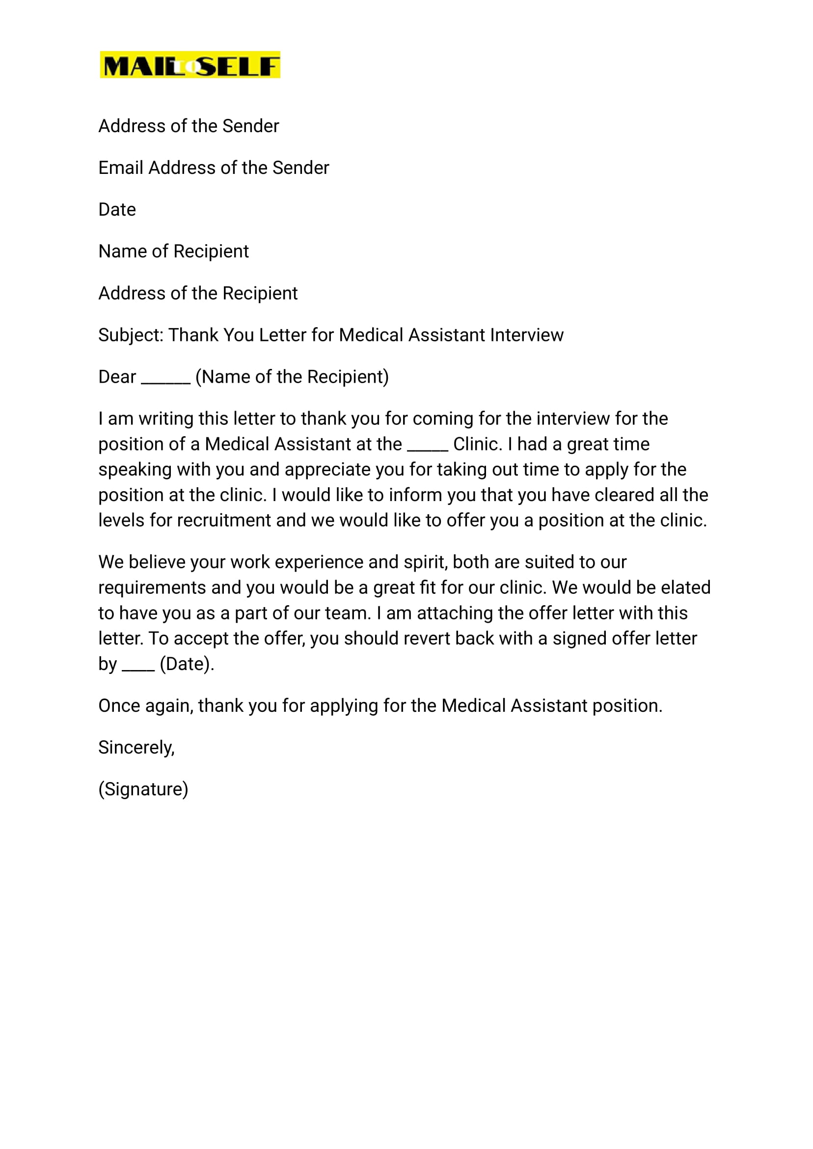 Sample #5 for Medical Assistant Thank You Letter